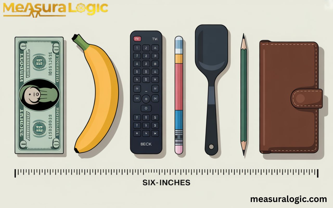 Everyday objects including a smartphone, Post-it notes, and a table knife aligned to show visual reference for six inch measurements.