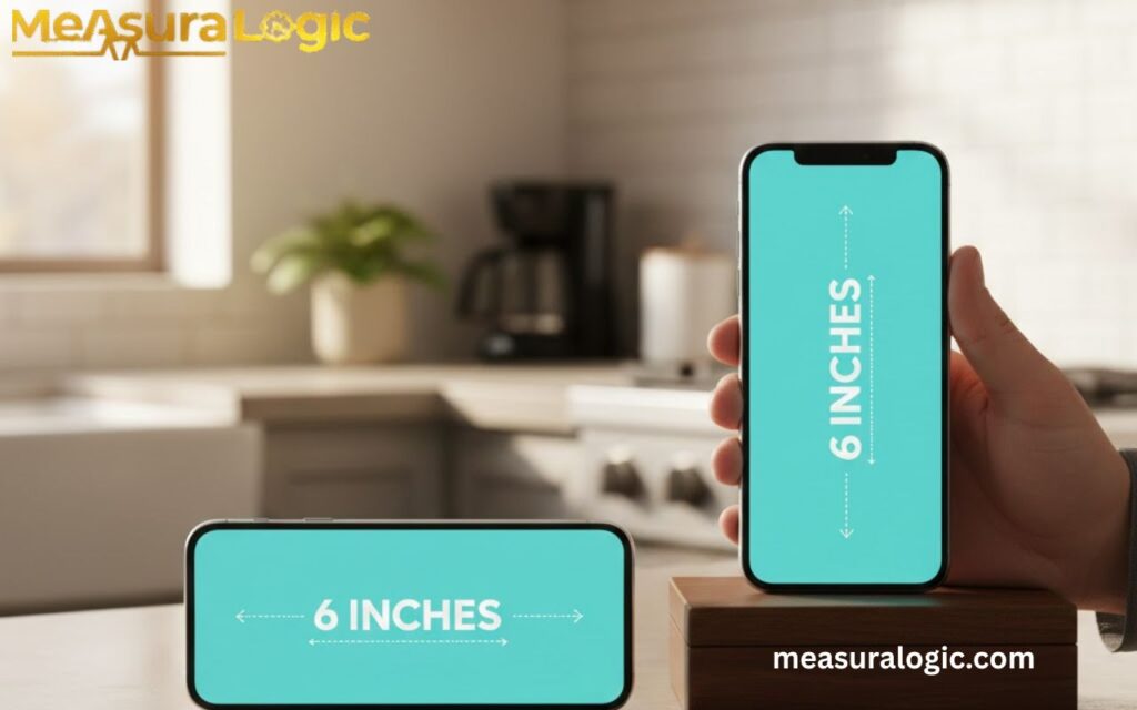 Smartphone on a desk used as a reliable, six-inch reference tool for quick measurements