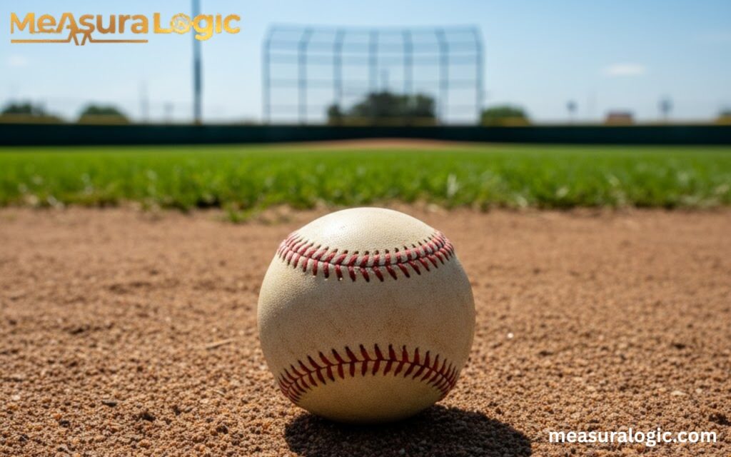 Standard baseball held in hand showing size comparison close to six inches reference.