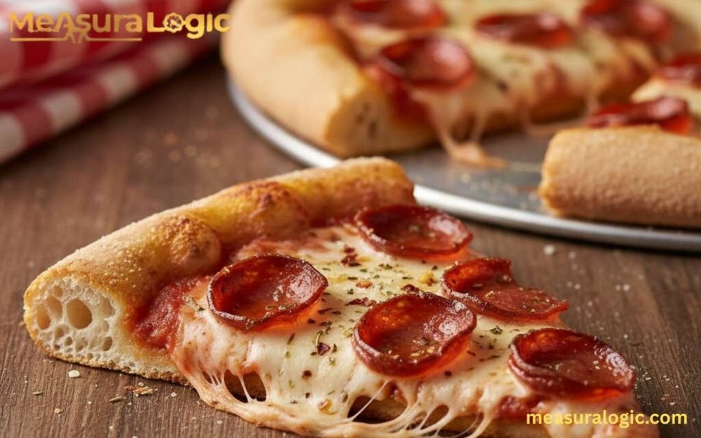 Six inch pizza slice with melted cheese and colorful, appetizing toppings.