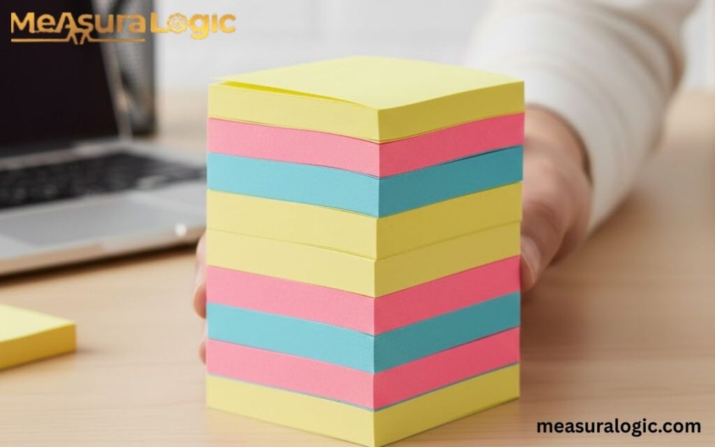 A 6 inch tall stack of pastel Post-it notes neatly arranged on a clean for measuring 6 inches