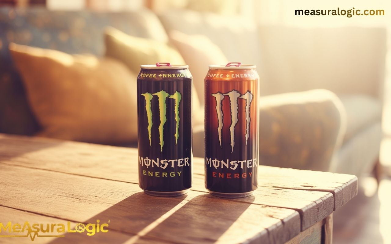 Java Monster and Coffee + Energy 15–15.5 oz cans on a rustic wooden table with natural warm lighting.