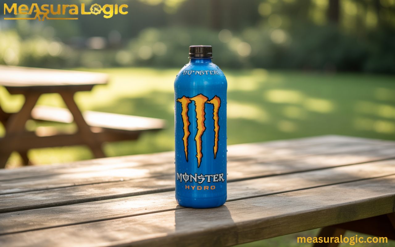 Monster Hydro 20 oz bottle on a natural outdoor surface with soft daylight.
