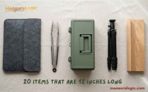 A collection of five various items, including a felt sleeve and a tripod, laid out in a row.