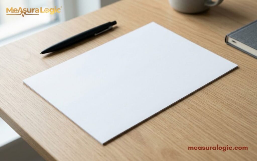 A blank sheet of A4 paper lying flat on a wooden desk. A black pen and the corner of a grey notebook are visible beside the paper.