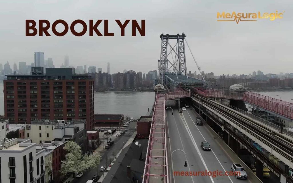 View of the Williamsburg Bridge of New York with traffic and subway tracks stretching over the East River toward the city.
