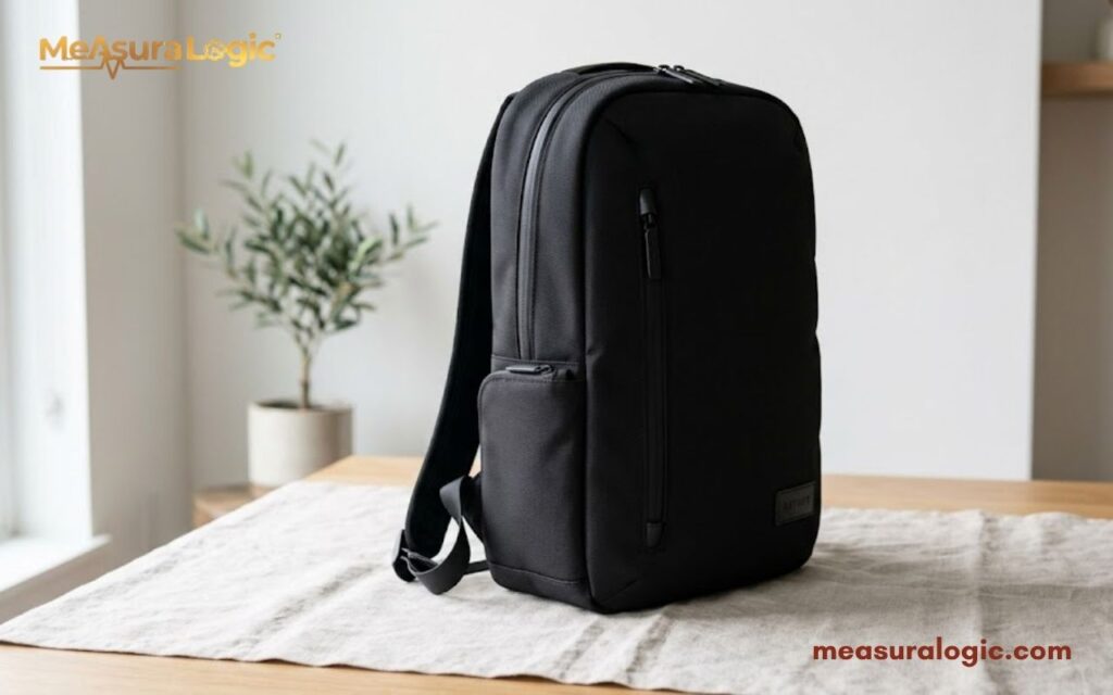 A black modern backpack standing upright on a linen-covered table. A small potted olive tree sits in the background.