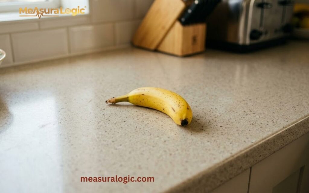 A ripe yellow 7 inches banana with small brown spots sits horizontally on a neutral-toned kitchen counter.