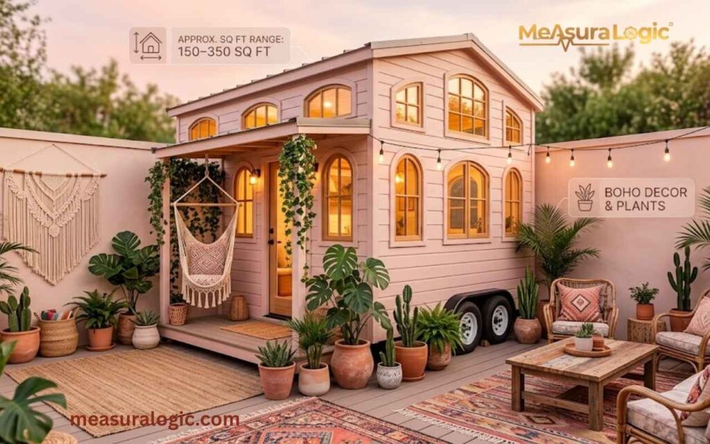 A boho-inspired tiny house on wheels sits in a cozy courtyard decorated with woven rugs, wicker furniture, and potted plants.