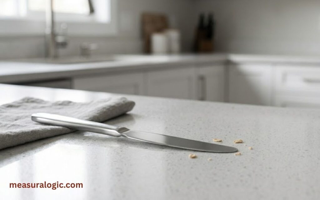 A 7 inches butter knife rests on a white countertop next to a grey kitchen towel. A few small crumbs are scattered on the counter.