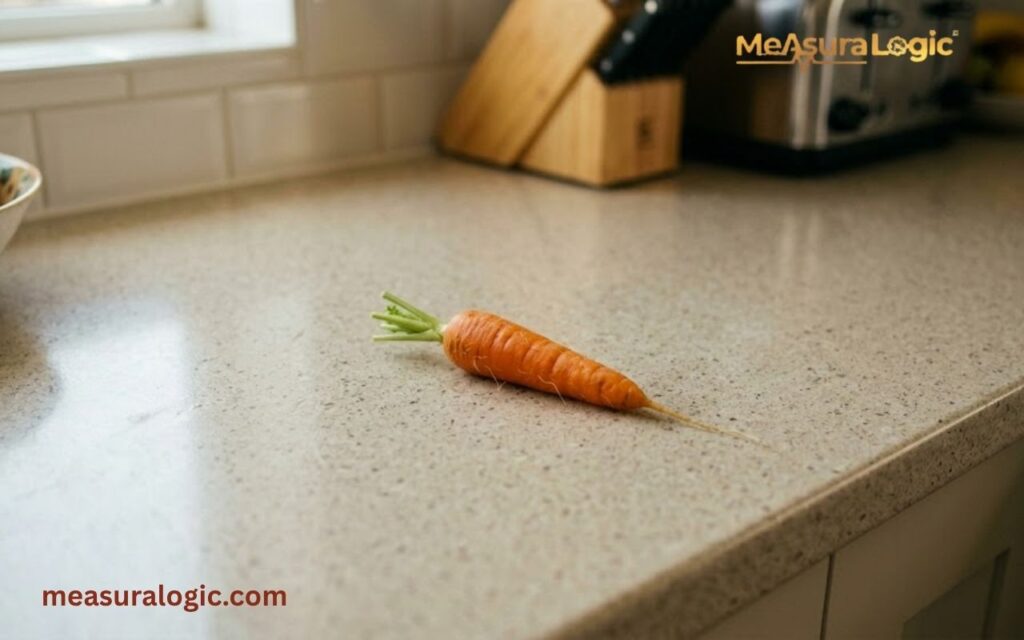 An orange 7 inches carrot with its green stem intact lies on a speckled beige kitchen countertop.