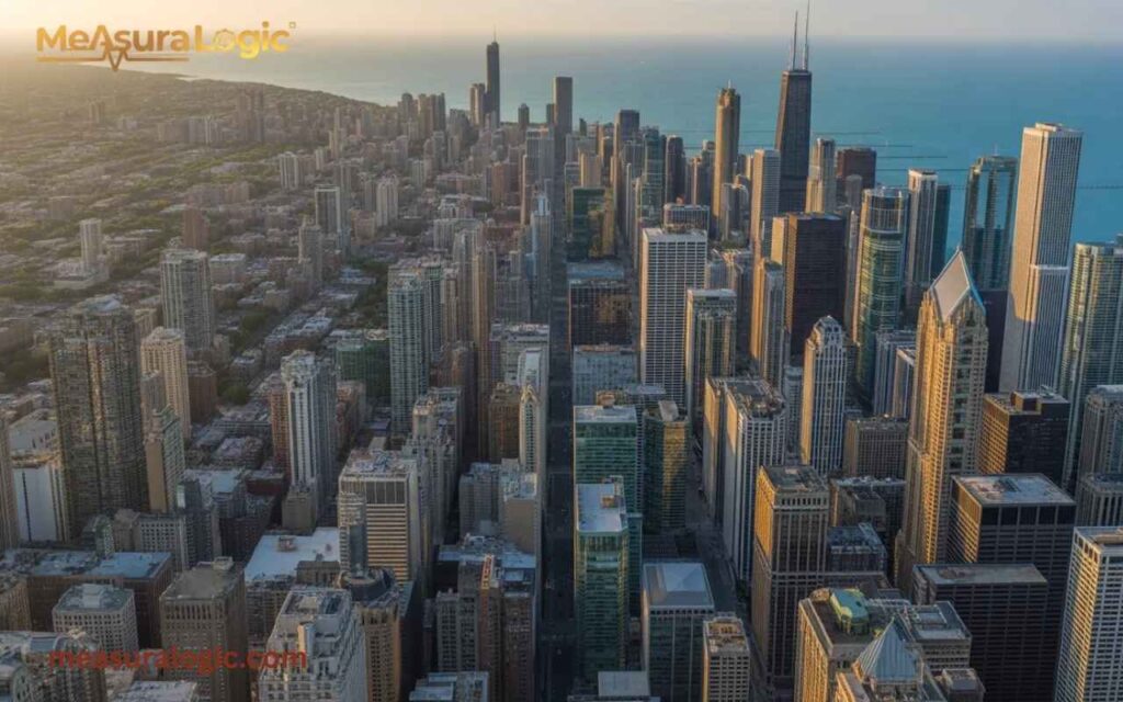 An aerial, high-angle sunset view looking down a canyon of skyscrapers toward the vast blue horizon of Lake Michigan.