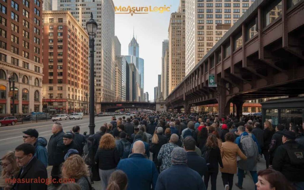 A crowd of people walking along a busy Chicago sidewalk. Towering skyscrapers line the street.
