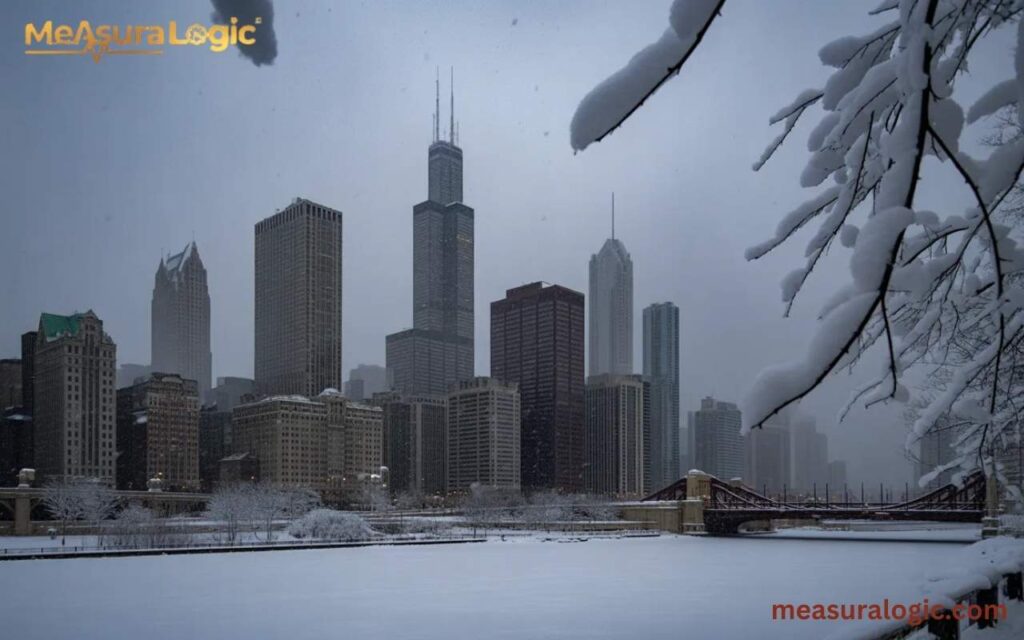 A snow-covered Chicago skyline and frozen river viewed through frosted tree branches under a gray winter sky.