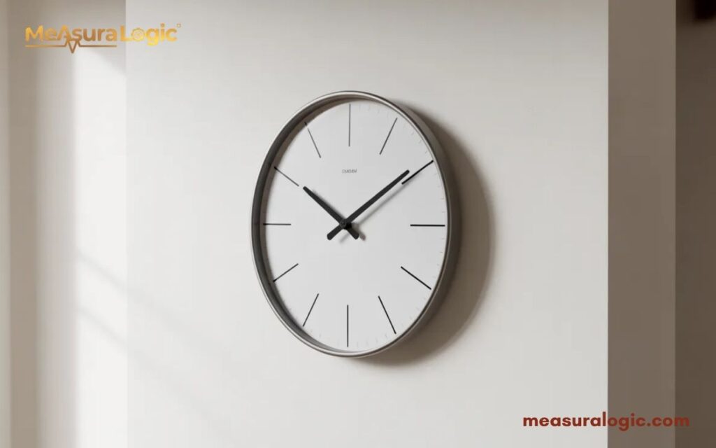 A wall clock with a silver frame and black hands on a white face. The clock is mounted on a plain white wall.