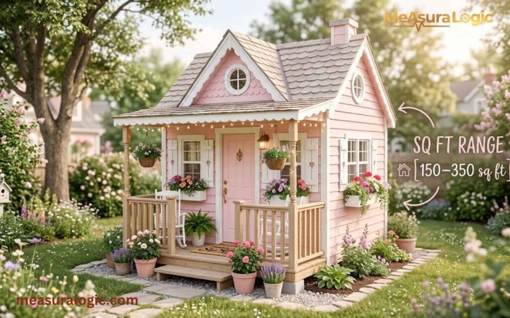 A light pink tiny house sits nestled in a lush, flowering garden with stone pathways and surrounding greenery.