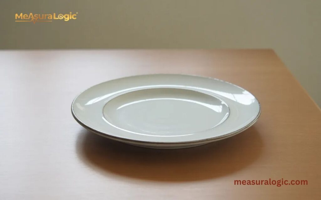 A dessert plate with diamter of 7 inches, sits centered on a light wooden table.