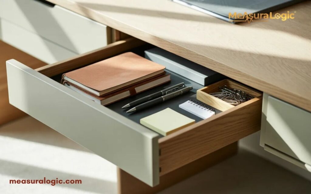 An open wooden desk drawer organized with a leather notebook, pens, sticky notes, and paperclips.
The drawer has a clean white front.