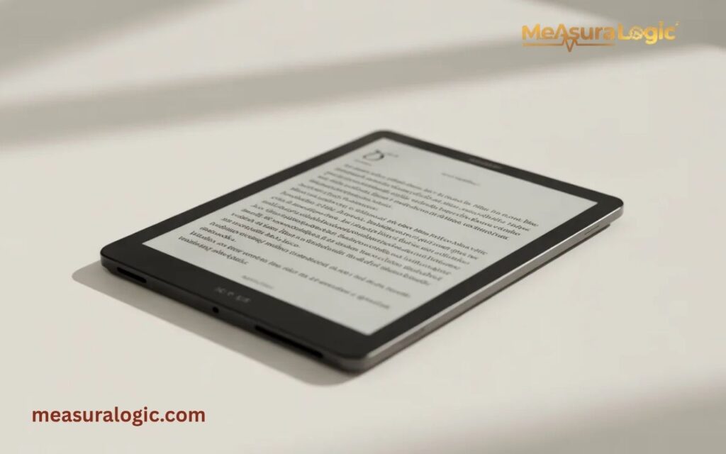 A thin, modern e-reader tablet displays several paragraphs of text on its digital paper screen. The device lies flat on a plain surface.