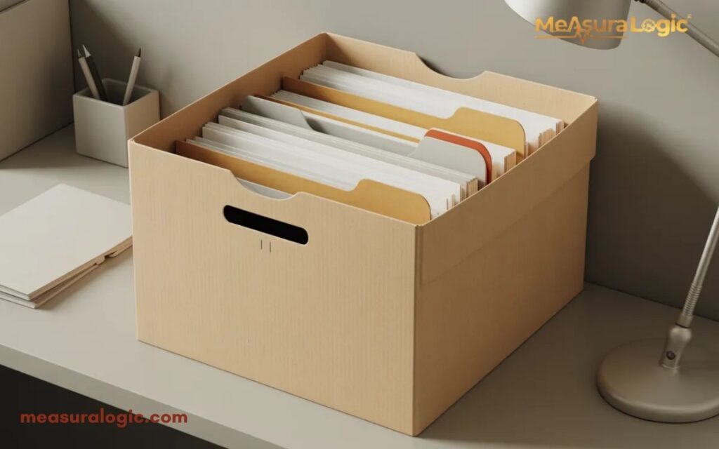 A 12 inches cardboard file box filled with organized folders. A desk lamp and a container of pens are positioned next to the storage box.