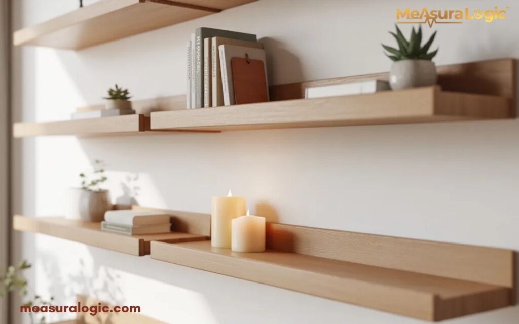 Several light wood floating shelves mounted on a white wall holding books and plants.
Small candles and potted succulents decorate the shelves.