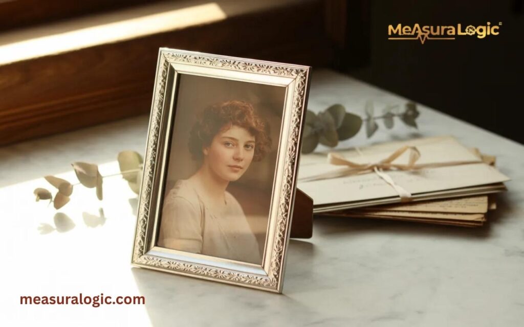 A picture frame containing a vintage portrait of a woman. A stack of old letters tied with a ribbon and a sprig of dried eucalyptus are placed next to the frame.