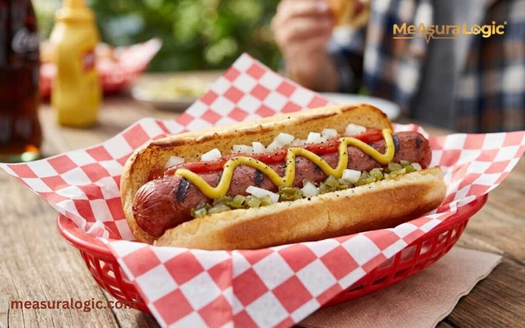 A grilled hot dog topped with mustard, onions, and relish sits in a bun on red checkered paper. The hot dog is served in a red plastic basket on a rustic wooden outdoor table.