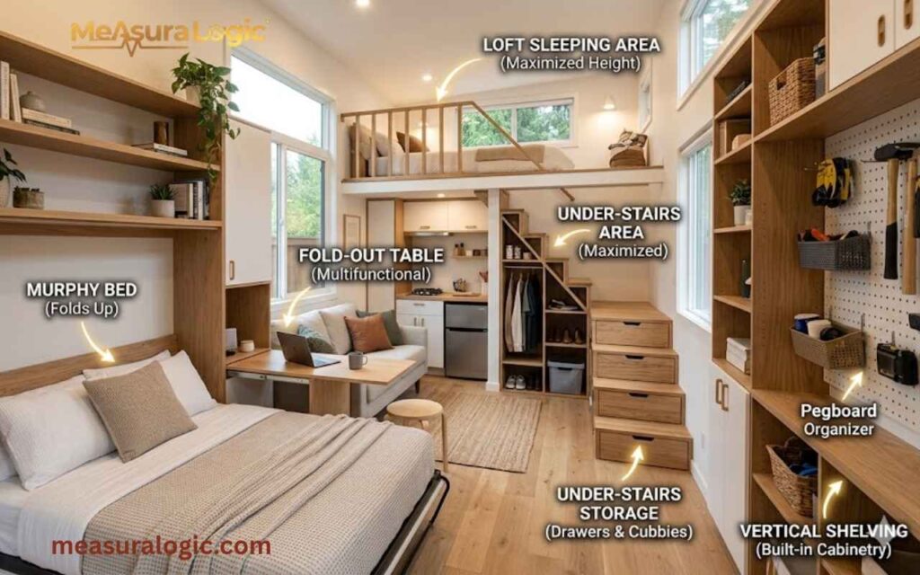 A modern home interior showcasing smart space optimization with light wood accents. Graphic labels highlight multifunctional furniture.