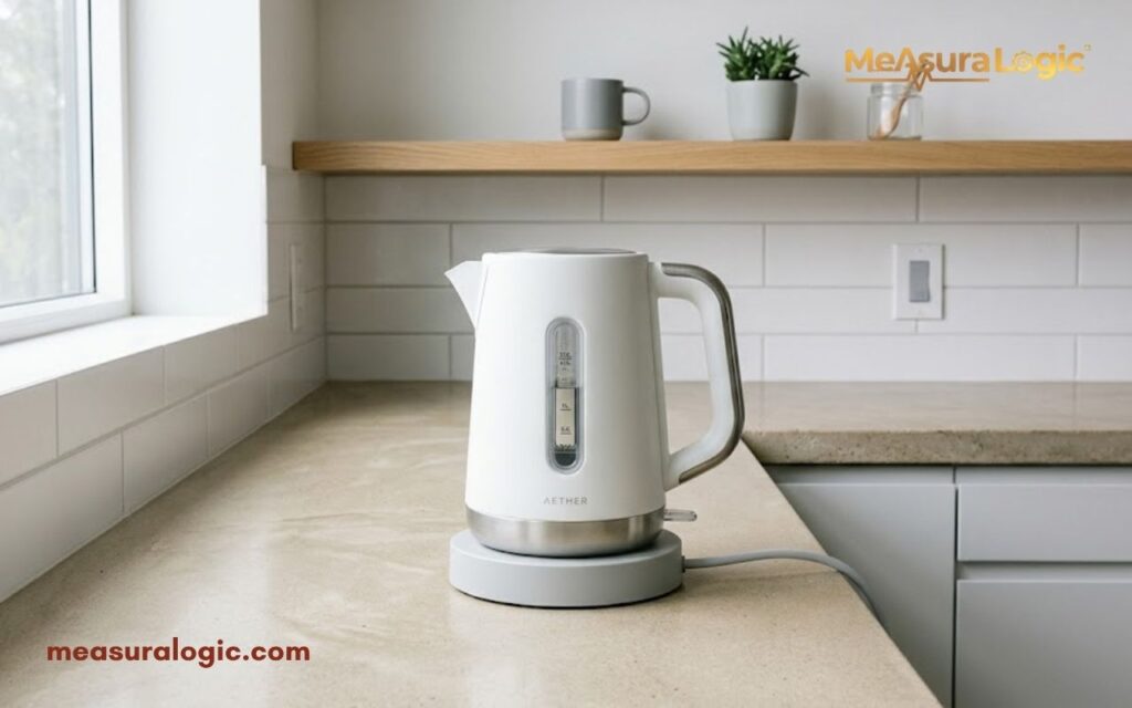 A modern white electric kettle with silver accents sits on its charging base on a kitchen counter.
The background shows a white tiled backsplash and a wooden floating shelf.