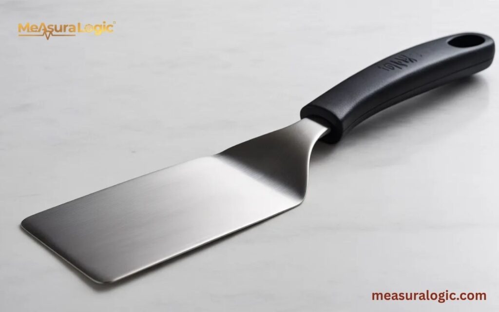 A 7 inches spatula with a wide, flat rectangular blade and a black plastic handle. The tool is angled on a white surface.
