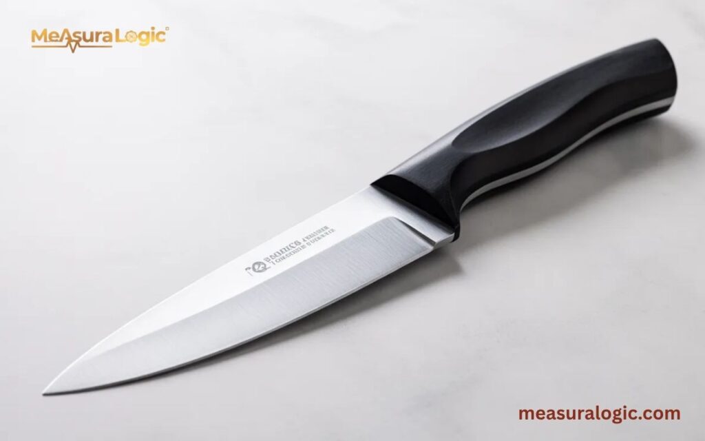 A sharp kitchen knife with a black handle. The knife is positioned diagonally on a white marble surface.