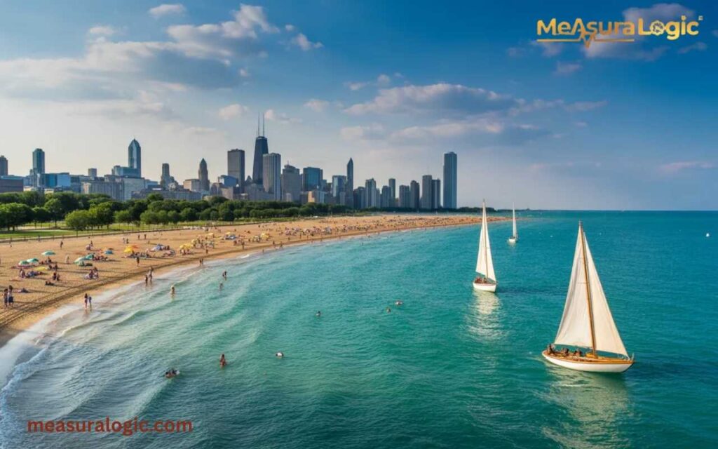 A vibrant summer day at a crowded Chicago beach with sailboats on bright turquoise water and the city skyline behind.