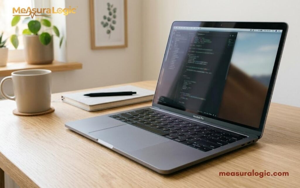 A laptop sits open on a wooden desk, displaying lines of code on the screen. A white mug, a notebook, and a potted plant are visible in the background.