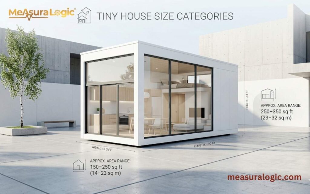 A modern white tiny house with floor-to-ceiling windows in a minimalist concrete courtyard.