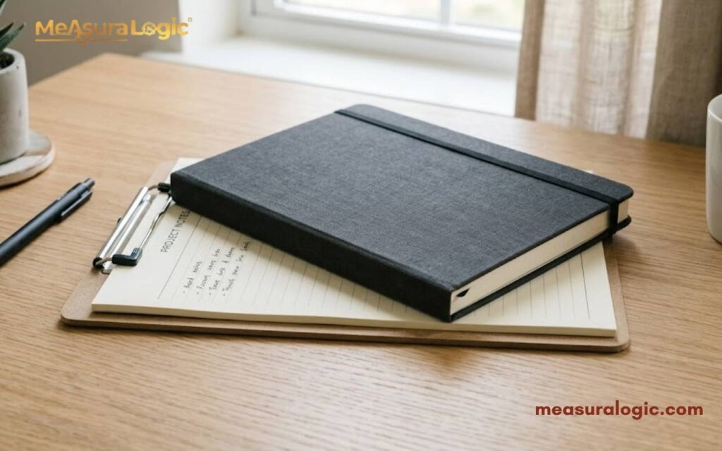 A black notebook rests on top of a clipboard, both measuring 12 inches. The items are placed on a wooden desk near a window with a pen and mug nearby.