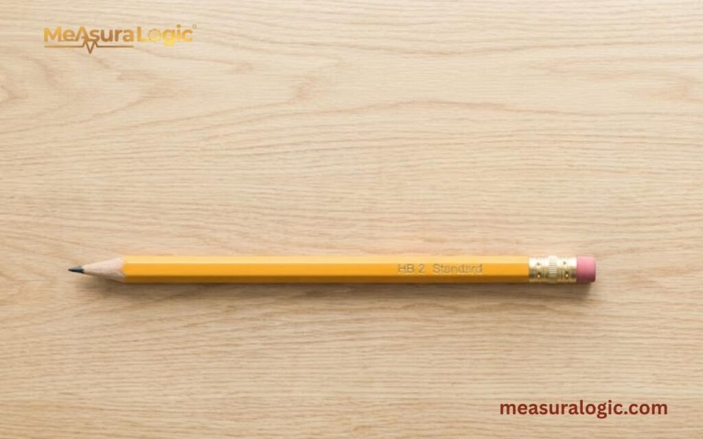 A 7 inches pencil with a pink eraser lies horizontally on a wood surface. The pencil is sharpened and positioned in the middle of the frame.