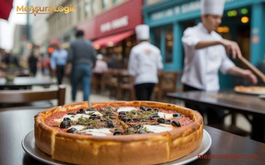 A close-up of a thick, deep-dish Chicago-style pizza topped with olives and herbs on a restaurant table.