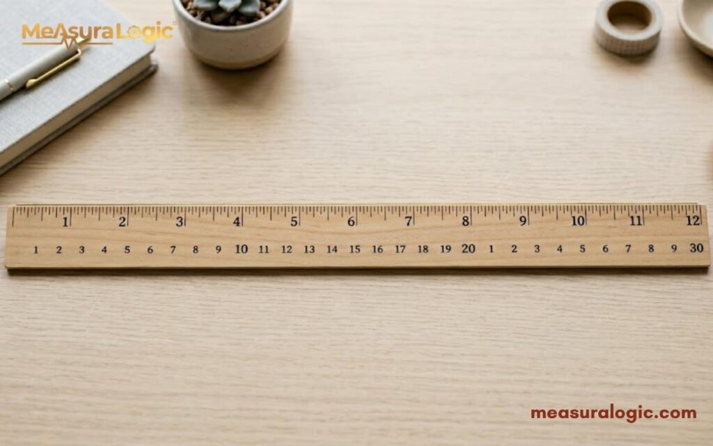 A wooden 12 inches ruler resting horizontally on a wooden desk. The top of a notebook, a pen, and a small succulent are partially visible nearby.