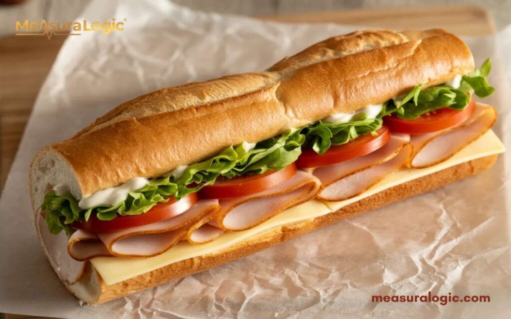 A 12 inches long sandwich filled with sliced deli meat, cheese, tomatoes, and lettuce. The sandwich is served on crumpled parchment paper on a wooden surface.