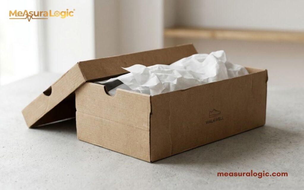 An open brown cardboard shoebox with white tissue paper inside and the lid resting against it.