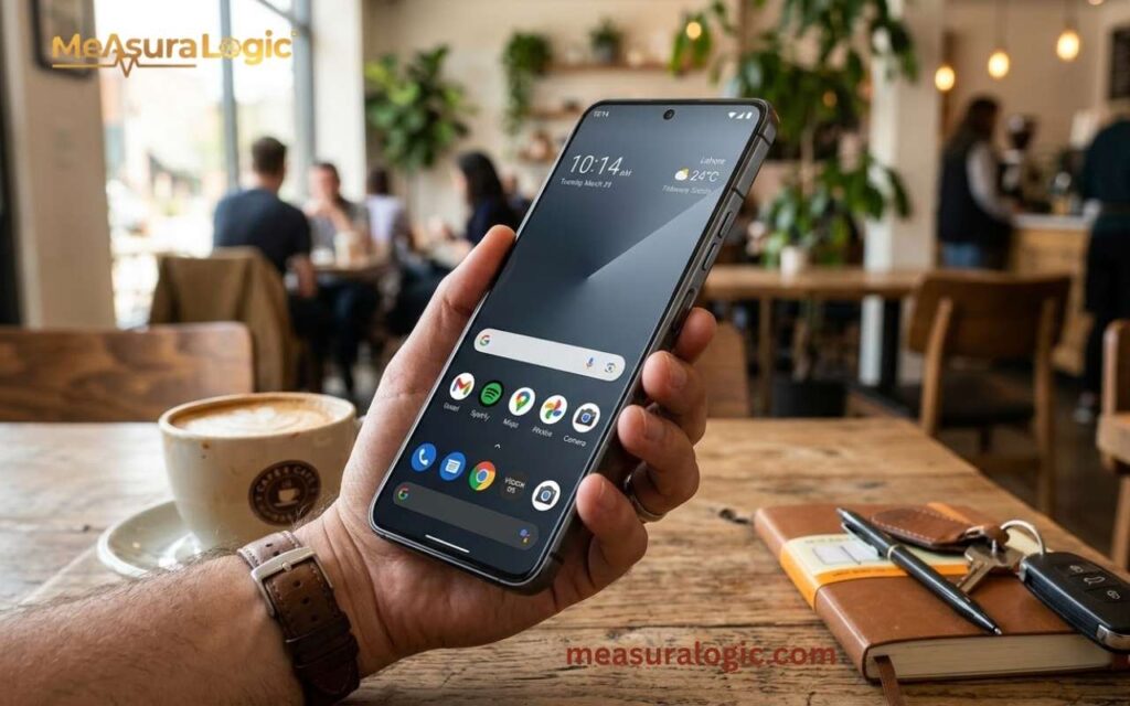 A person holds a smartphone that is of 7 inches displaying a home screen in a sunlit cafe. A cup of coffee, a notebook, and a set of keys are visible on the wooden table nearby.