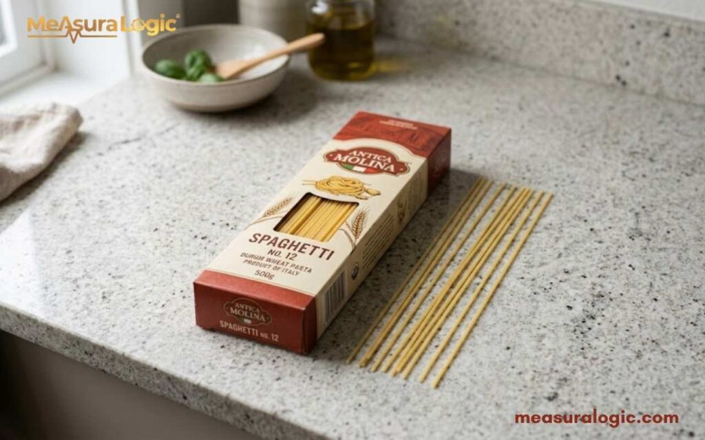 A box of spaghetti with several dry noodles laid out on a granite countertop.