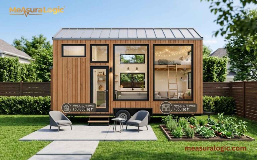 A modern wooden tiny house parked in a neat suburban backyard with a patio and garden. Large windows reveal a loft interior.