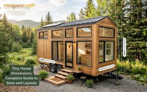 A modern wooden tiny house on wheels parked in a forest setting. Large windows reveal a cozy interior, with graphical labels indicating its dimensions.
