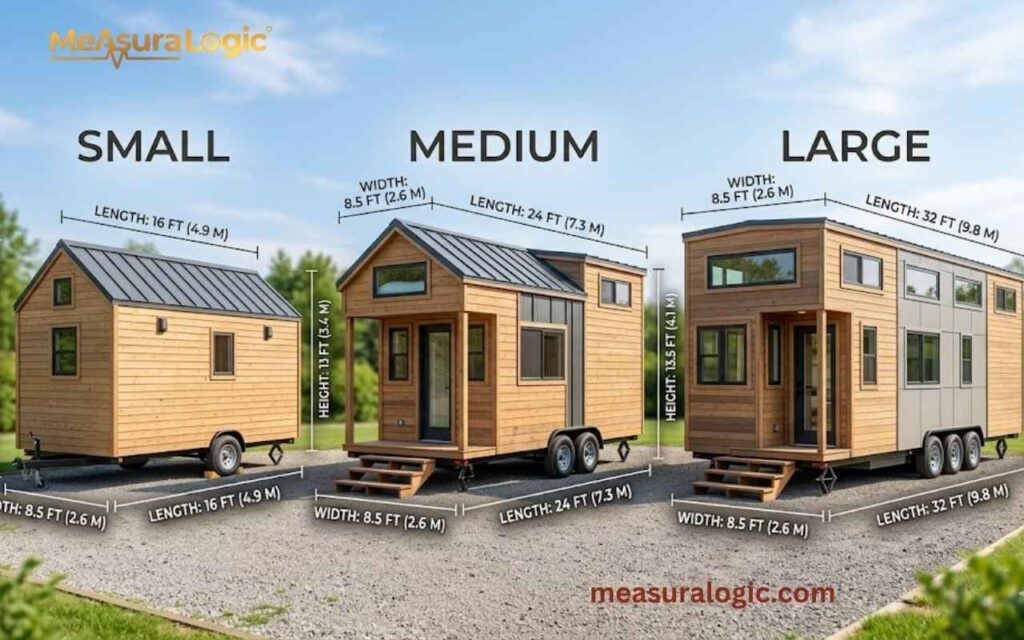 A comparison of three tiny houses on wheels labeled small, medium, and large. Each model displays distinct dimension lines for height, width, and length, showing increasing size.