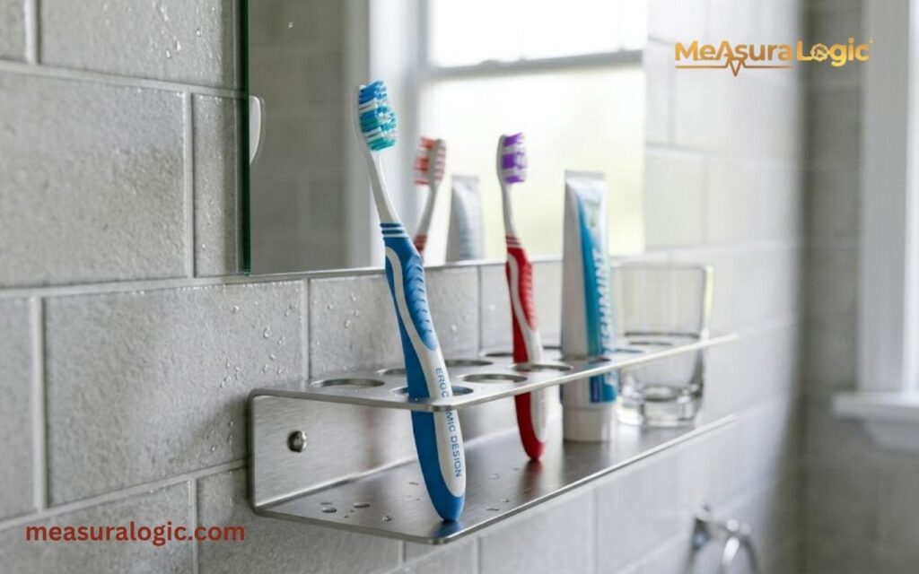 Three 7 inches toothbrushes and a tube of toothpaste sit in a wall mounted metal holder in a bathroom.