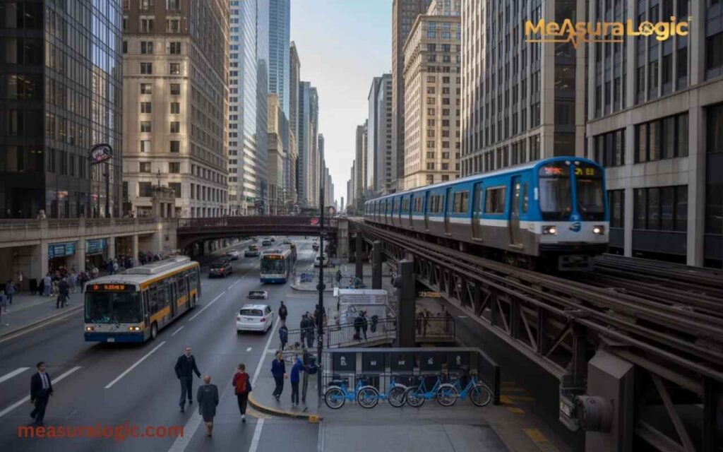 A blue and silver "L" train traveling on elevated tracks alongside a busy city street with buses and pedestrians.