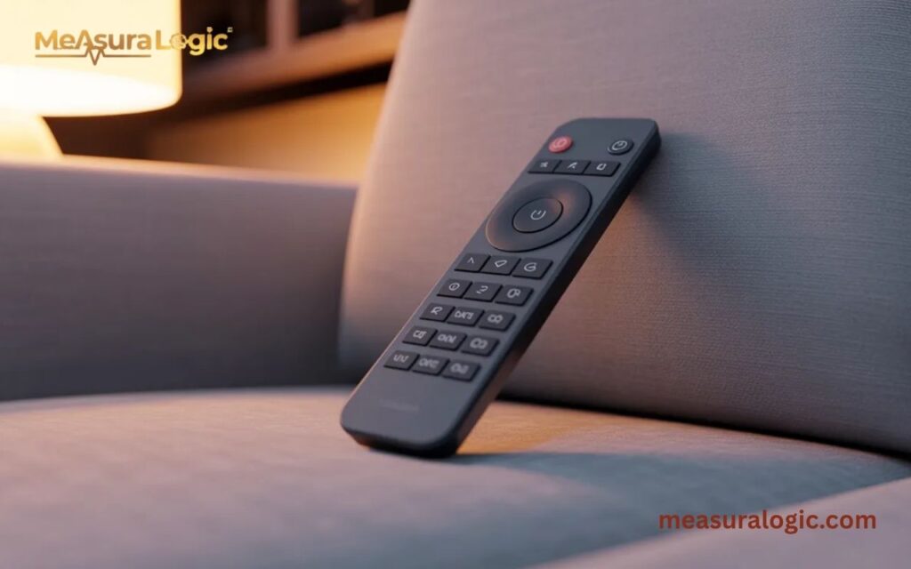 A 7 inches TV remote leans against the grey fabric arm of a sofa in a dimly lit room.