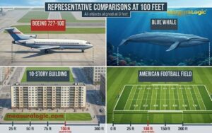 A grid image of a Boeing 727, a blue whale, a horizontal 10 story building, and a football field. Measuring lines highlight the 100 feet mark for each object within its natural environment.
