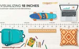 An educational vector image that visually compares an 18-inch measurement scale with common objects. Includes a backpack, pillow, skateboard, and laptop to demonstrate specific dimensions for reference.